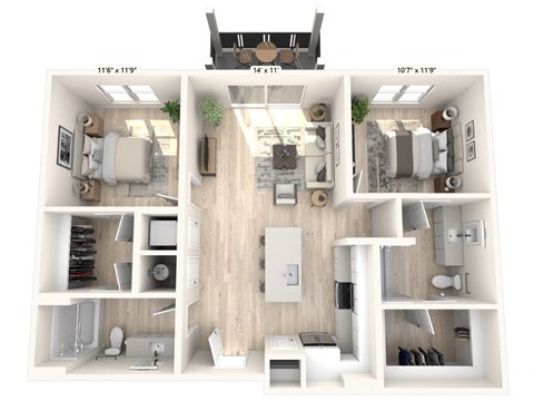 Floor plan for 2 beds, 2 baths, 1094 sqft